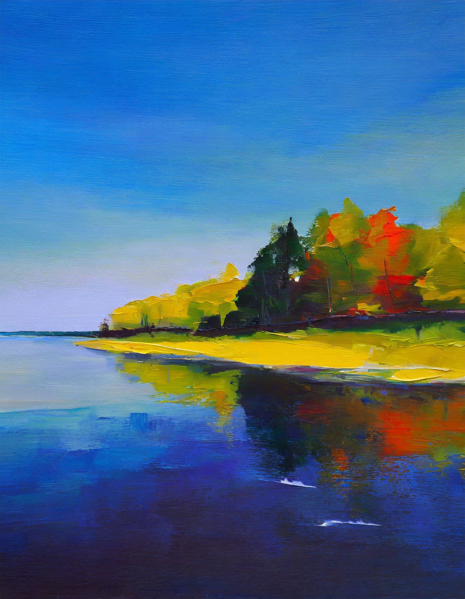 Digital painting made in collaboration with Adobe Firefly showing a shoreline with fall colors and reflective lake. The shoreline is on the right of the painting and the expansive lake stretches out on the left, indicating a Great Lake.